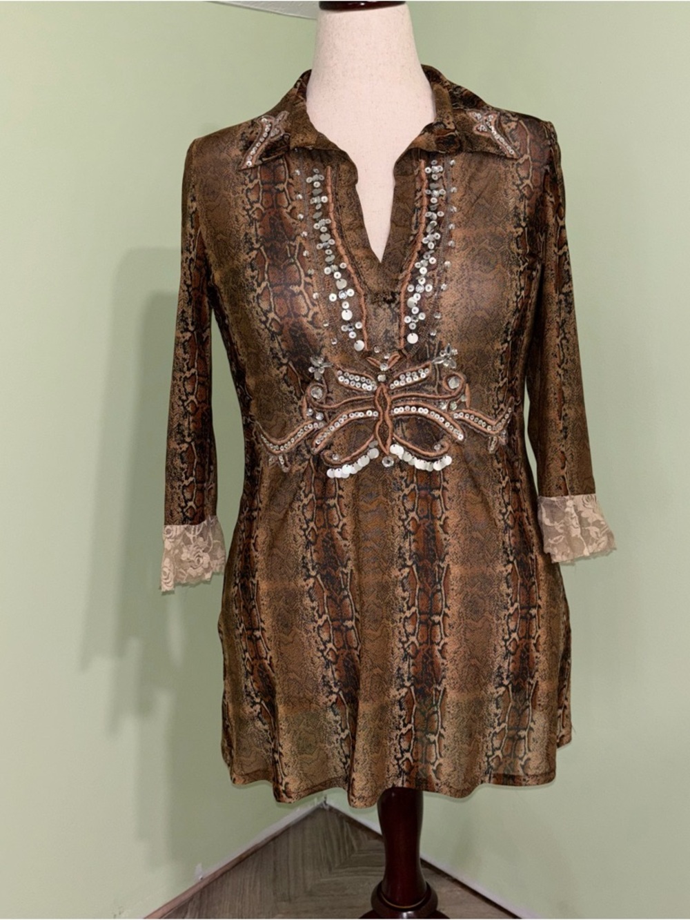 VTG Obstinee Sheer Mesh Snake Print Sequin Tunic Mini Dress Fairy Y2K Women’s S